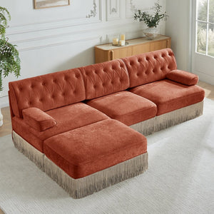 English Elm 3-seater Velvet Modular Sectional with Button Tufting Tassel Skirt and Wooden Base Red+Brown W714S01723