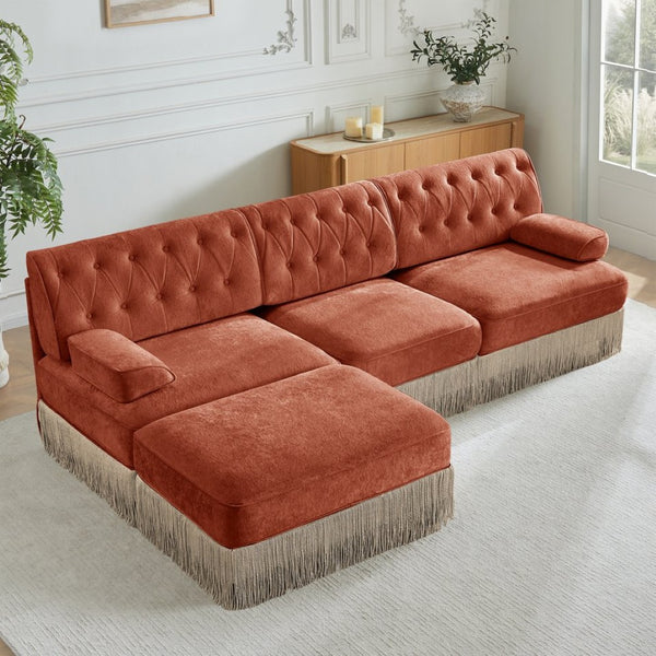 English Elm 3-seater Velvet Modular Sectional with Button Tufting Tassel Skirt and Wooden Base Red+Brown W714S01723