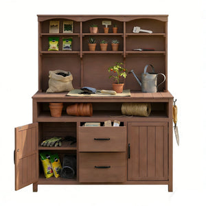 English Elm (with Hutch) Topmax Solid Fir Outdoor Potting Bench Station Cabinets Drawers Patio Garden Brown N717P404332D