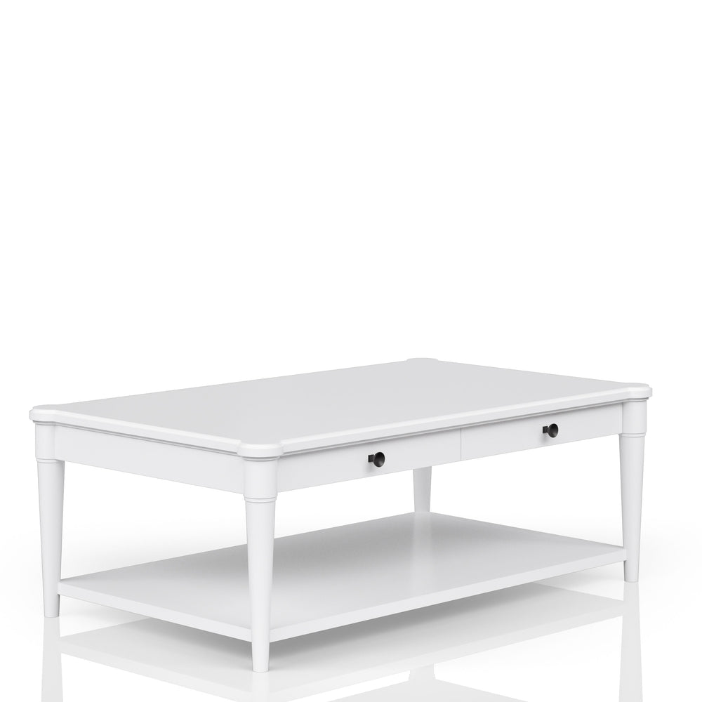 English Elm White Solid Wood Cocktail Table with Casters and Two Drawers, Transitional Casual Design, Durable Finish White 51.75 L x 31.5 W x 12.5 H B2699P218288