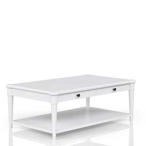 English Elm White Solid Wood Cocktail Table with Casters and Two Drawers, Transitional Casual Design, Durable Finish White 51.75 L x 31.5 W x 12.5 H B2699P218288