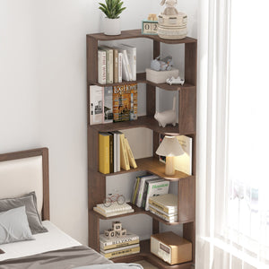 English Elm 6 Tier Freestanding L-Shaped Corner Bookshelf with Anti-Tip, Rounded Corners, 3D Wood Grain Finish Dark Brown W2899P372516