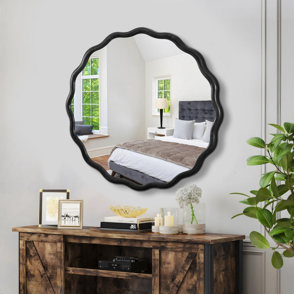 English Elm Solid Wood Wavy Mirror - Artistic 36" X 36" Modern Wall Decor For Living Spaces, Entryways & Bathrooms W1445P189557-GIGA