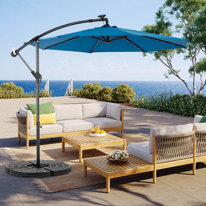 English Elm 10ft Solar LED Offset Hanging Market Patio Umbrella with 40 Lights, Crank Tilt, Wind Vent & Steel Pole Dark Blue W640P234516