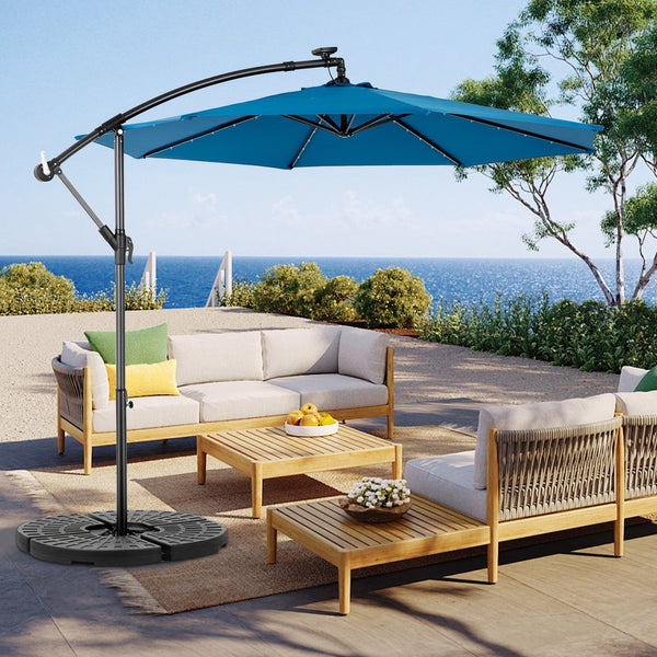 English Elm 10ft Solar LED Offset Hanging Market Patio Umbrella with 40 Lights, Crank Tilt, Wind Vent & Steel Pole Dark Blue W640P234516