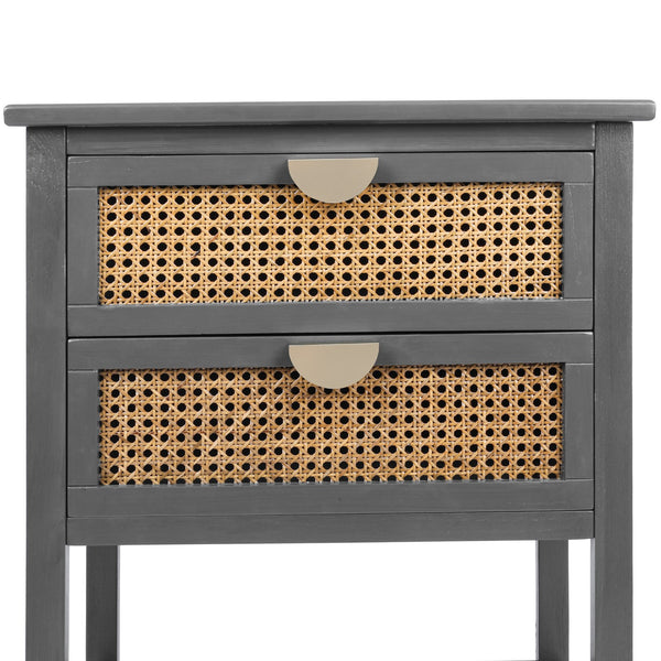 English Elm 2 Elegant Rattan Side Table with Solid Wood Veneer, Semi-Circular Metal Handle, Bedroom Accent Piece Gray W68858074