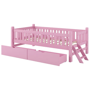 English Elm Wood Twin Platform Bed with Guardrail, Solid Pine Construction, 2 Underbed Drawers for Storage and Playroom Space Pink N709P242145H