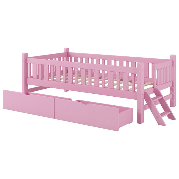 English Elm Wood Twin Platform Bed with Guardrail, Solid Pine Construction, 2 Underbed Drawers for Storage and Playroom Space Pink N709P242145H