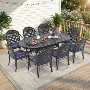 English Elm 9-piece Cast Aluminum Outdoor Dining Set Ornate Carved Patio Furniture Weather Resistant W1710S00601