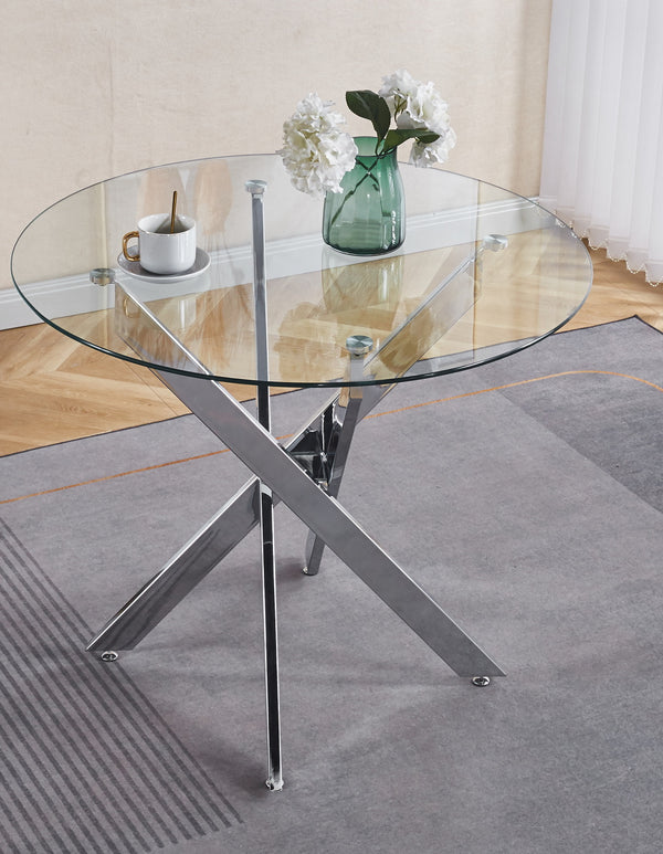 English Elm Dining Glass Top Table with Chrome Cross Metal Legs — Modern Space-Saving, Easy Assembly, Durable Surface W234P227891