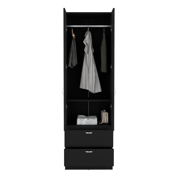 English Elm Vico 76" High Armoire Wardrobe Closet with Hanging Rod, 2 Drawers, Shelves — Black Engineered Wood Organizer B200P188837