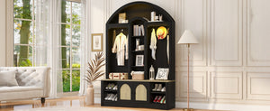 English Elm Multi-functional Hall Tree with Mdf Body Open Shelves Hooks and Scandinavian Two-tone Style Black+Natural SJ000158AAB