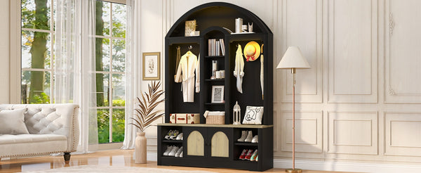 English Elm Multi-functional Hall Tree with Mdf Body Open Shelves Hooks and Scandinavian Two-tone Style Black+Natural SJ000158AAB