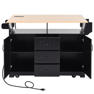 English Elm K&k Rolling Kitchen Island with Drop Leaves Power Outlet Drawers and Spice Rack Black N707S186617B