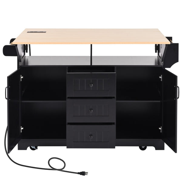 English Elm K&k Rolling Kitchen Island with Drop Leaves Power Outlet Drawers and Spice Rack Black N707S186617B