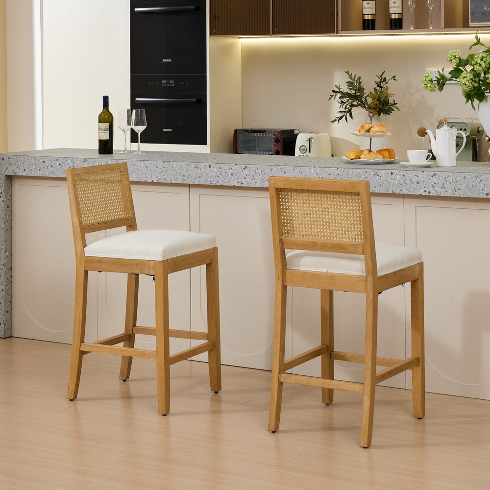 English Elm Full Solid Wood Rattan-Back Bar Stools Set Of 2 - Stylish Beige Cushions For Rustic Kitchen & Café W1143P384367