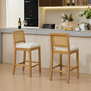 English Elm Full Solid Wood Rattan-Back Bar Stools Set Of 2 - Stylish Beige Cushions For Rustic Kitchen & Café W1143P384367