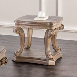 English Elm Traditional End Table In Weathered Oak Finish With Carved Details & Scroll Legs For Elegant Storage B2741P360607-GIGA