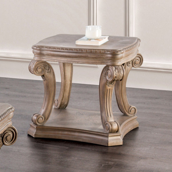 English Elm Traditional End Table In Weathered Oak Finish With Carved Details & Scroll Legs For Elegant Storage B2741P360607-GIGA