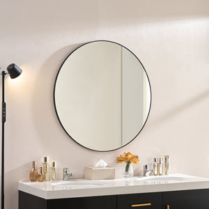 English Elm Wall Mirror 36-Inch Black Circular Metal Framed Design - Modern Floating Glass For Any Room Decor W2091P345038-GIGA