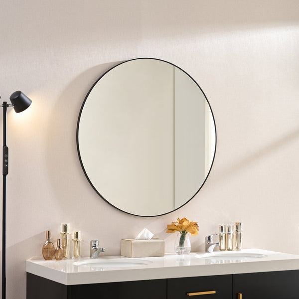 English Elm Wall Mirror 36-Inch Black Circular Metal Framed Design - Modern Floating Glass For Any Room Decor W2091P345038-GIGA