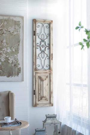 English Elm 15.8x66.9" Reclaimed Solid Wood Decorative Door Panel with Distressed White Finish & Metal Grillwork W2078P313325