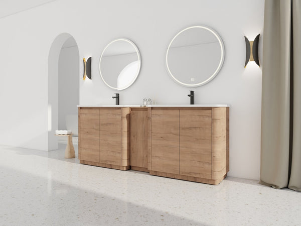 English Elm 84'' Freestanding Double Sink Bathroom Vanity Oak Finish Soft Close Storage Cabinet W999S00516
