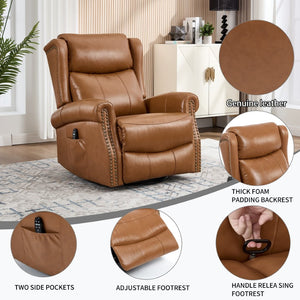 English Elm Heat Massage Swivel Rocker Recliner in Genuine Leather for Living Room Comfort W3224S00013