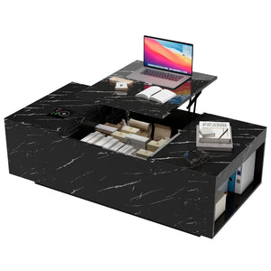 English Elm Coffee Table with Led Lighting Bluetooth Speaker Wireless Charging and Faux Marble Top T3773P415730