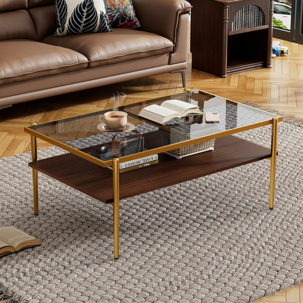 English Elm Rectangle Coffee Table - Elegant Gray Tempered Glass Top With Gold Legs For Modern Living Rooms W241139568-GIGA