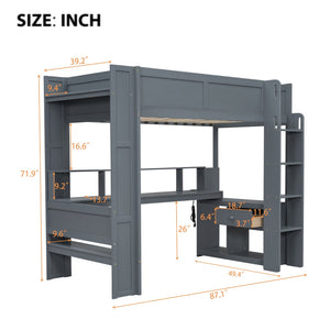 English Elm Wood Twin Loft Bed with Desk Led Lighting Charging Ports and Multi-zone Storage SM000373AAE
