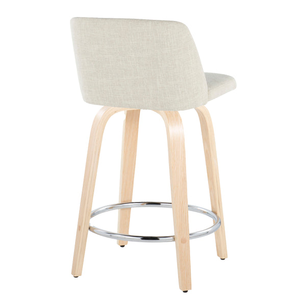 English Elm Toriano 24" Contemporary Fixed-Height Counter Stool with Swivel, Padded Fabric Seat, Bent Wood Legs Cream B202S00098