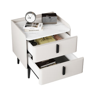 English Elm Nightstand with Marble-Pattern Top and Raised Guard, 2 Drawers for Organized Stylish Bedroom Decor White 23.4 L x 18.5 W x 9.06 H N733P332142K