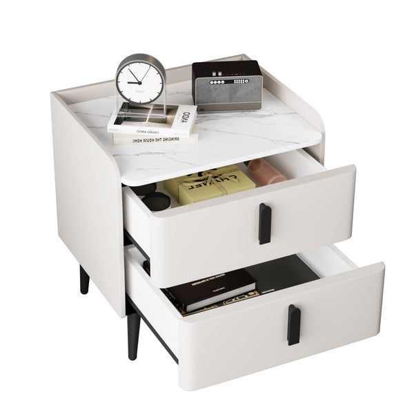 English Elm Nightstand with Marble-Pattern Top and Raised Guard, 2 Drawers for Organized Stylish Bedroom Decor White 23.4 L x 18.5 W x 9.06 H N733P332142K