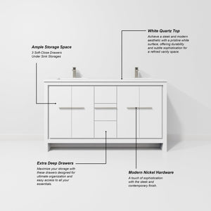 English Elm White Double Bath Vanity With White Quartz Top, Gun Metal Faucet, 55-Inch Mirror & Ample Storage B2731S01735-GIGA