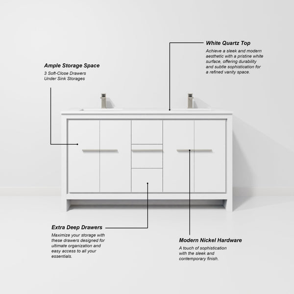 English Elm White Double Bath Vanity With White Quartz Top, Gun Metal Faucet, 55-Inch Mirror & Ample Storage B2731S01735-GIGA