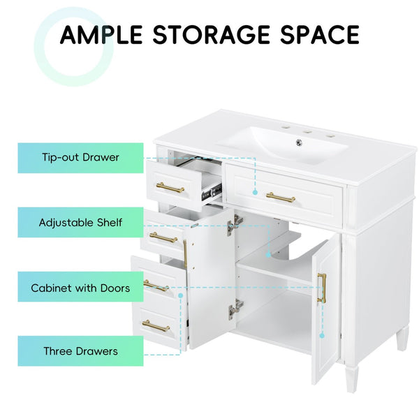 English Elm 36 Inch Freestanding Bathroom Vanity Sage Pine Cabinet Gold Hardware Ceramic Sink White N725P366466K