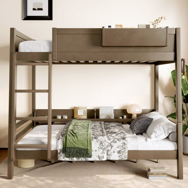 English Elm Full Pine Bunk Bed with Integrated Bookshelves Guardrails and Detachable Frame Brown W5316S00012