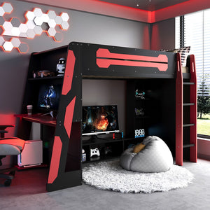 English Elm Twin Gaming Loft Bed with Desk Rgb Lighting and Multi-tier Shelves for Teen Rooms Red LT000160AAR