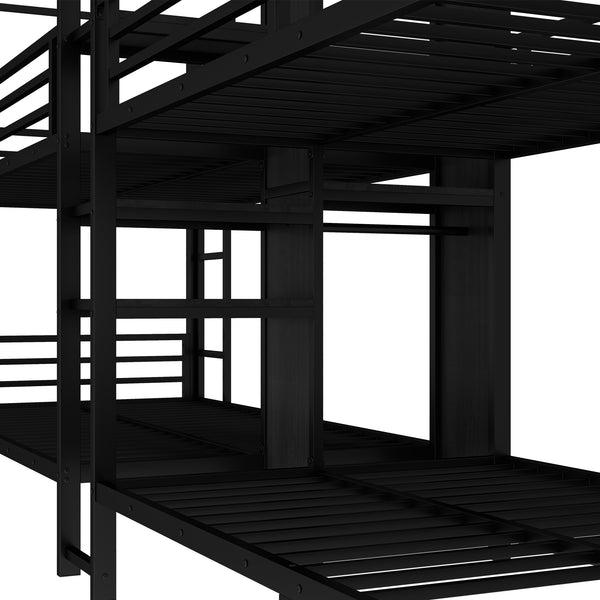 English Elm Twin Quadruple Metal Bunk Bed with Central Closet, Shelves & Wardrobe for Space-Saving Dormitory Living Black W1580S00154