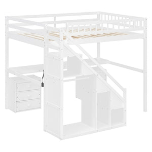 English Elm Full Size Loft Bed with Desk Drawers Led Strip and Staircase for Teen Rooms White LT000258AAK-1
