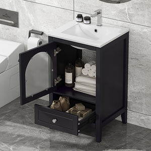 English Elm 20" Bathroom Vanity With Sink, Bathroom Cabinet With Soft Closing Glass Door, A Drawer, Black