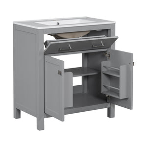 English Elm 30" Modern Bathroom Vanity with Ceramic Sink and Soft-Close Doors, Solid Wood MDF Build, Sleek Handles Gray N729P263155E
