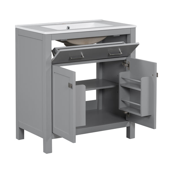 English Elm 30" Modern Bathroom Vanity with Ceramic Sink and Soft-Close Doors, Solid Wood MDF Build, Sleek Handles Gray N729P263155E