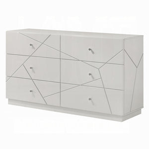 English Elm Ultra Modern white and silver 6-drawer dresser with embossed lines, smooth metal glides, luxe knobs Glossy White 66 L x 22 W x 40 H B2741P408966