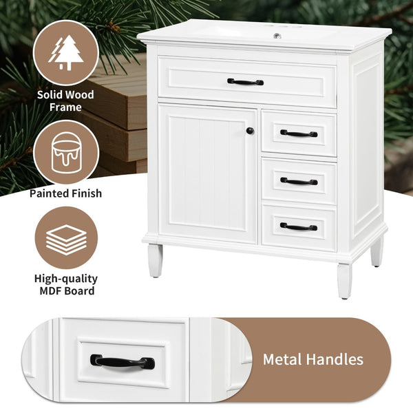 English Elm 30 Inch Freestanding Bathroom Vanity Solid Pine Cabinet Ceramic Sink Top Storage White N725P412782K