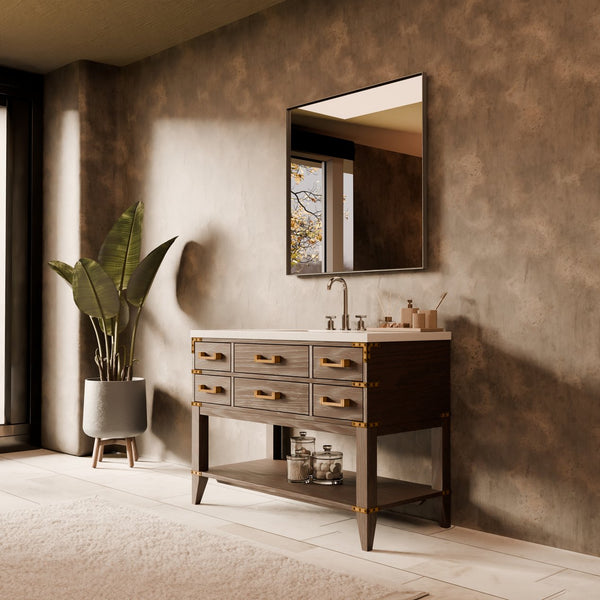 English Elm Brown Oak Single Bath Vanity Set With White Quartz Top, Chrome Faucet, And 46-Inch Mirror Included B2731S02106