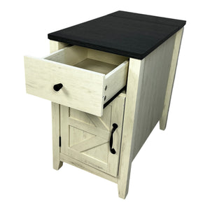 English Elm Farmhouse Nightstand with Charging Station and Barn Door Drawer — USB-C, AC Outlets, Compact Storage White+Black W1412P230408