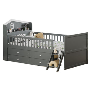 English Elm Twin Bed Frame with Storage Drawers and House Headboard, Kids Platform Bed with Guardrail Ladder and Shelf Gray 49.3 L x 16.25 W x 7.75 H N733S278032E