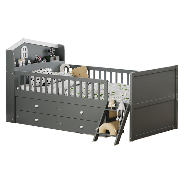 English Elm Twin Bed Frame with Storage Drawers and House Headboard, Kids Platform Bed with Guardrail Ladder and Shelf Gray 49.3 L x 16.25 W x 7.75 H N733S278032E